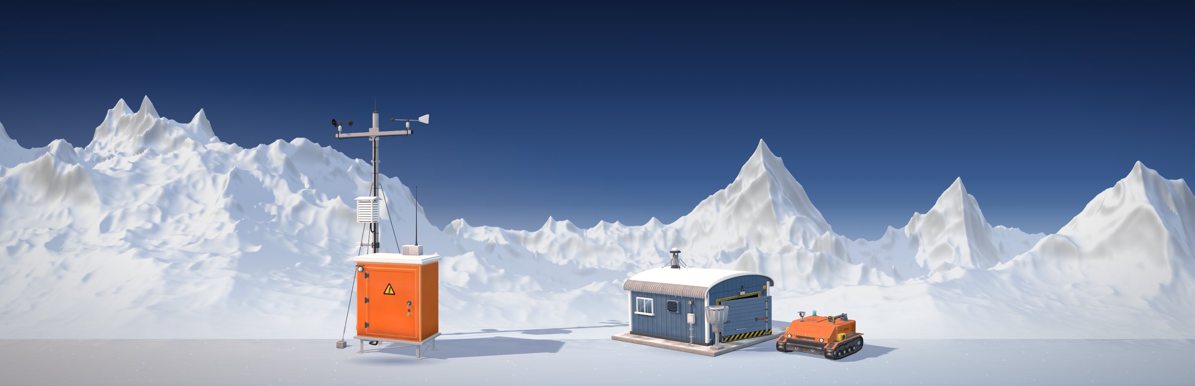 The weather station, the instrument hut and the drone standing on the snow in front of a range of icy peaks