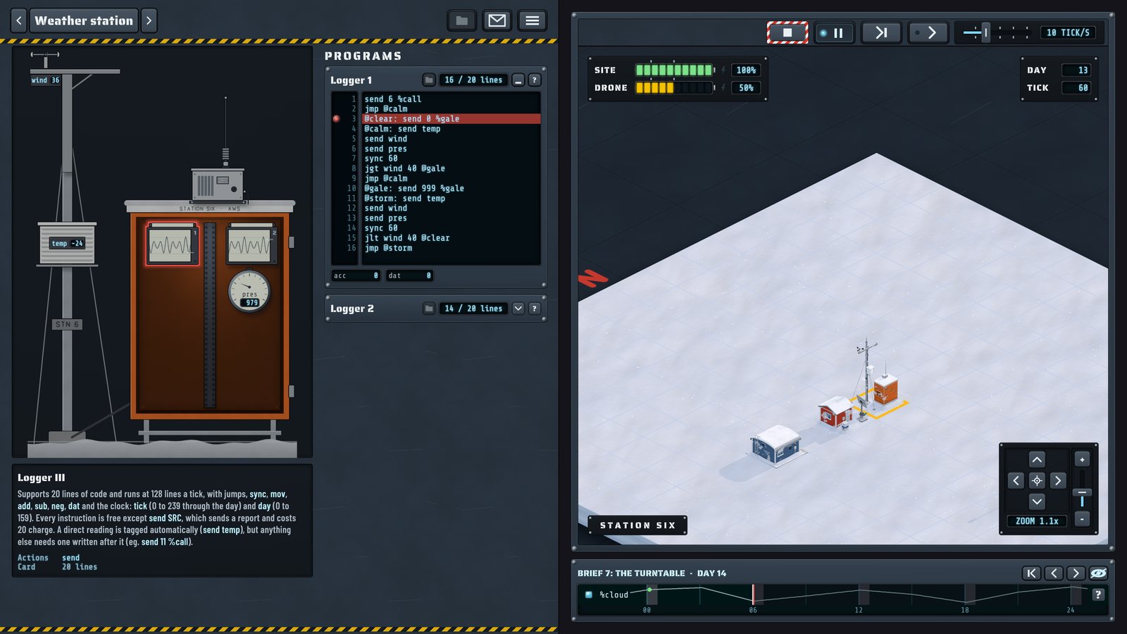 A run halted at a breakpoint on the weather station's logger